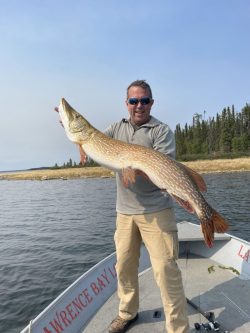 Man standing on a boat holding a large fish with both hands; lake and forest visible in the background.