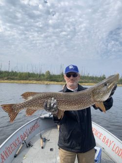 Man standing on a boat holding a large northern pike fish with water and trees visible in the background.