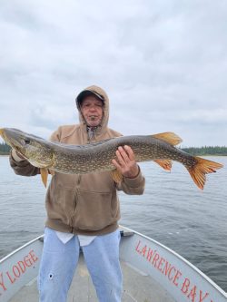 Person in a brown hoodie holds a large fish on a boat in a lake under a cloudy sky.