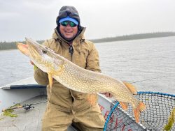 Person in rain gear holds a large Northern pike fish on a boat in a lake, with a net and forest in the background.