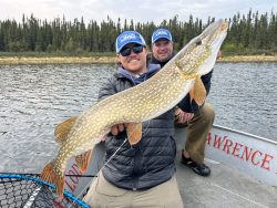 Two men in a boat on a lake, one holding a large northern pike fish with trees visible in the background.