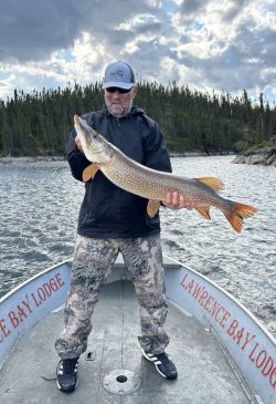 A person stands on a boat holding a large fish, with trees and water in the background.
