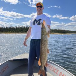 Man standing on a boat holds a large fish upright on a sunny day, with trees and water in the background.