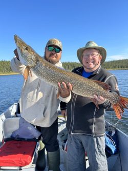 Two men standing on a boat hold a large fish, with a lake and forest in the background under a clear blue sky.
