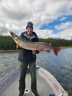 Person standing on a boat holding a large fish, with water and trees in the background under a cloudy sky.