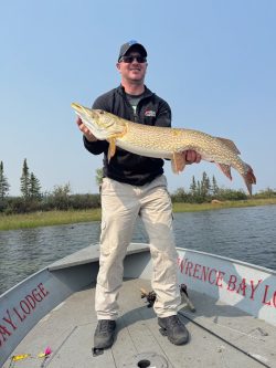 Man standing on a boat holding a large fish, with trees and water in the background.