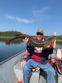 Person sitting in a boat holding a large fish with both hands on a calm lake under a clear blue sky.