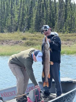 Two men in a boat; one holds a large fish upright while the other looks at gear. Trees and water are in the background.