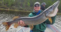 Person holding a large northern pike fish on a boat, with another person and trees visible in the background.