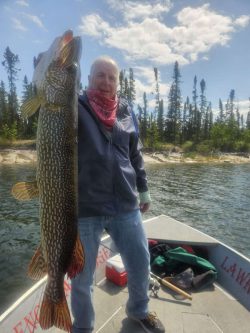 Person standing on a boat holding a large fish with trees and water in the background.