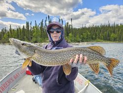 Person standing in a boat holding a large fish, with trees and water visible in the background under a partly cloudy sky.