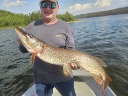 Man standing in a boat holding a large Northern Pike fish on a lake with trees in the background.