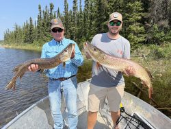 Two men standing in a boat on a river, each holding a large fish with trees in the background.