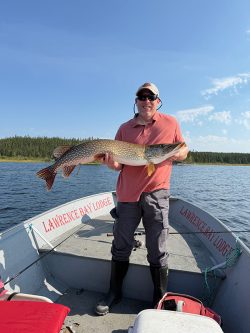 Man standing in a boat holds a large fish with both hands on a sunny day, with water and trees in the background.